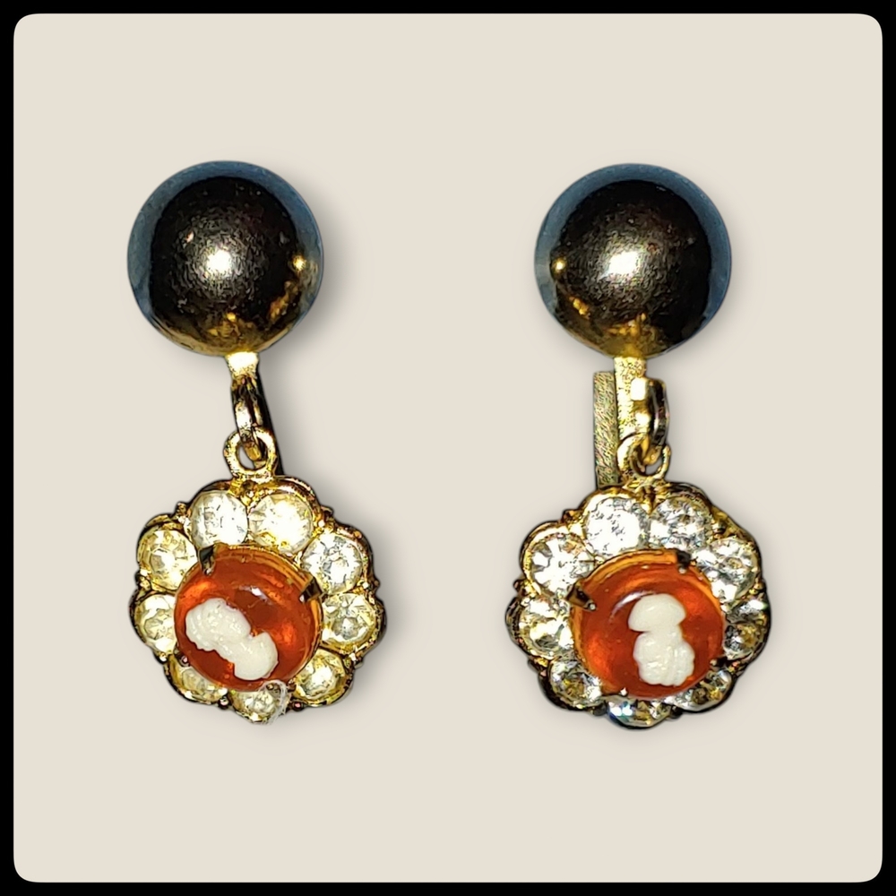 Small Victorian Revival Cameo Rhinestone Dangle Screw Back Earrings